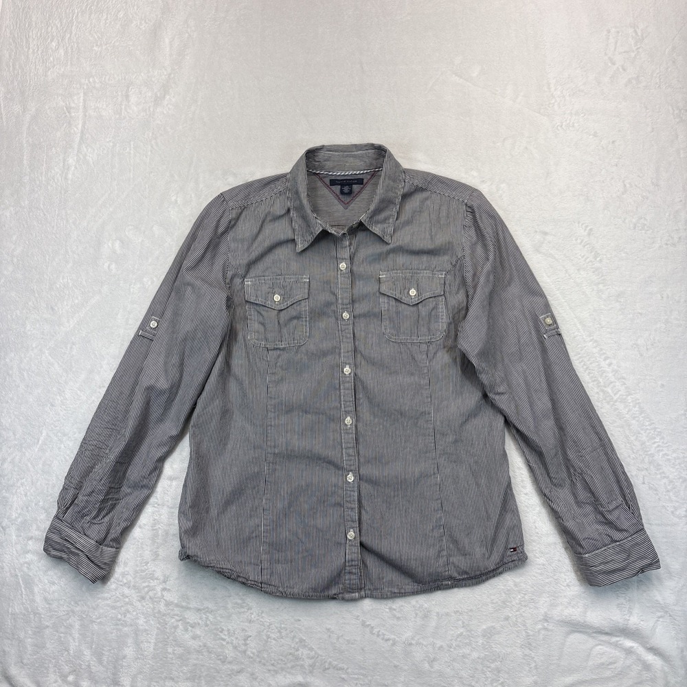 Tommy Hilfiger Pinstripe Button Up Shirt Womens Large Roll Tab Sleeve
